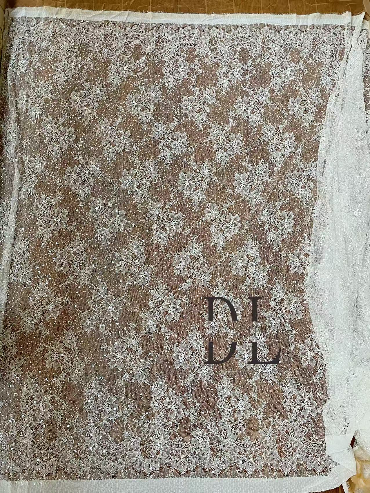 DL15107 Shine beads and sequins soft chantilly lace fabric for bridal wedding dresses, width 150cm