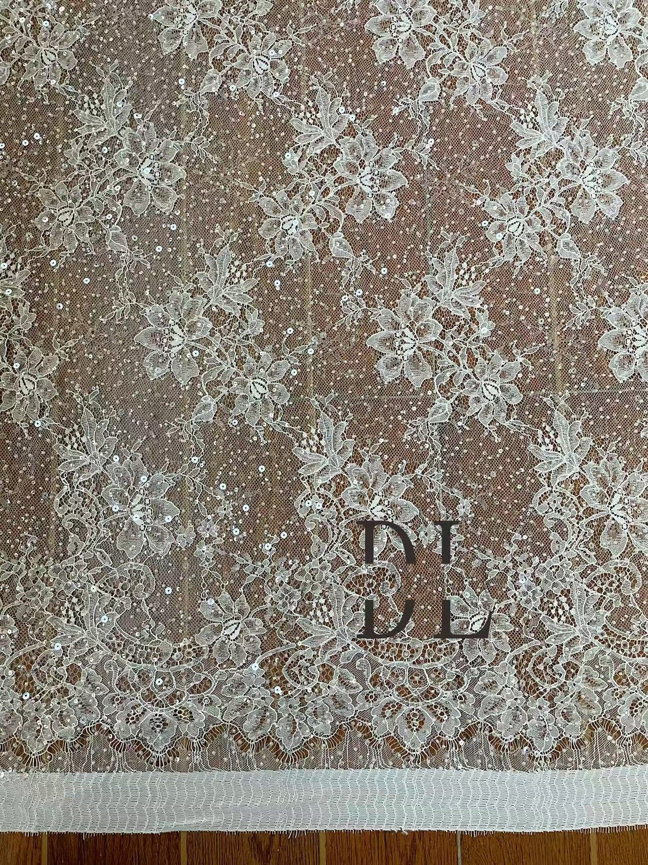 DL15107 Shine beads and sequins soft chantilly lace fabric for bridal wedding dresses, width 150cm