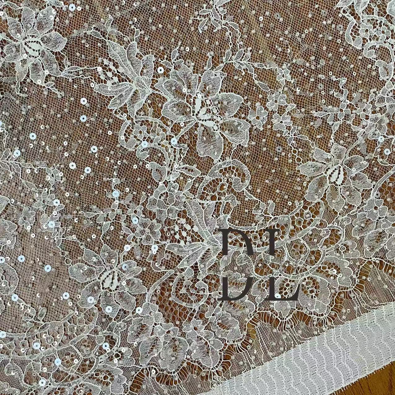 DL15107 Shine beads and sequins soft chantilly lace fabric for bridal wedding dresses, width 150cm