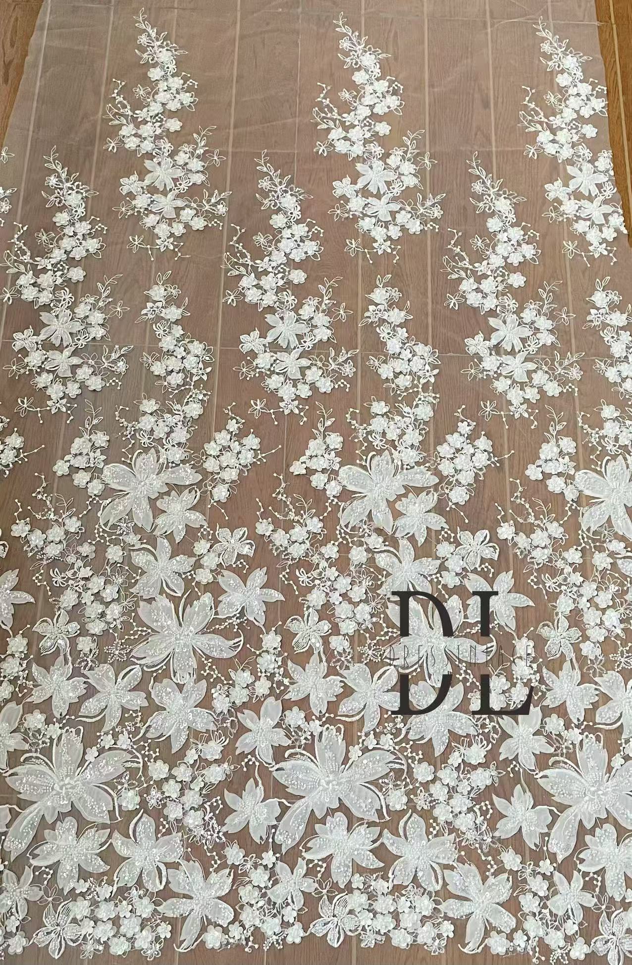 DL130206 High-quality chiffon flowers embroidered lace fabric with beads and sequins for wedding dresses