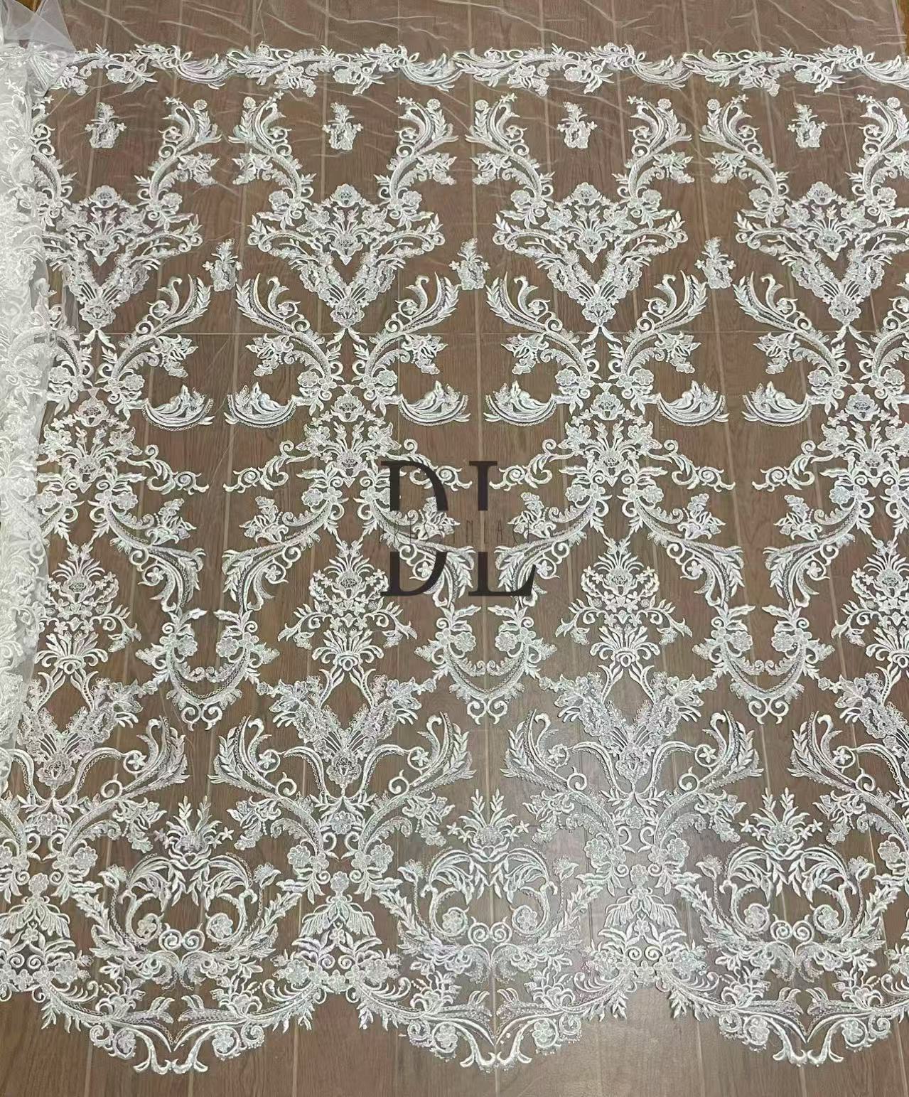 DL130021 Elegant Embroidery Lace Fabric with beading and sequins for Wedding Dresses Novia gowns