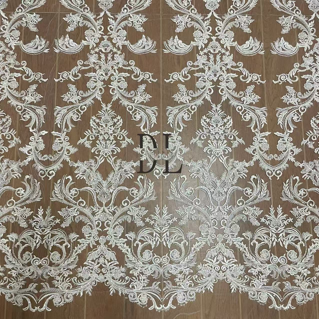 DL130021 Elegant Embroidery Lace Fabric with beading and sequins for Wedding Dresses Novia gowns