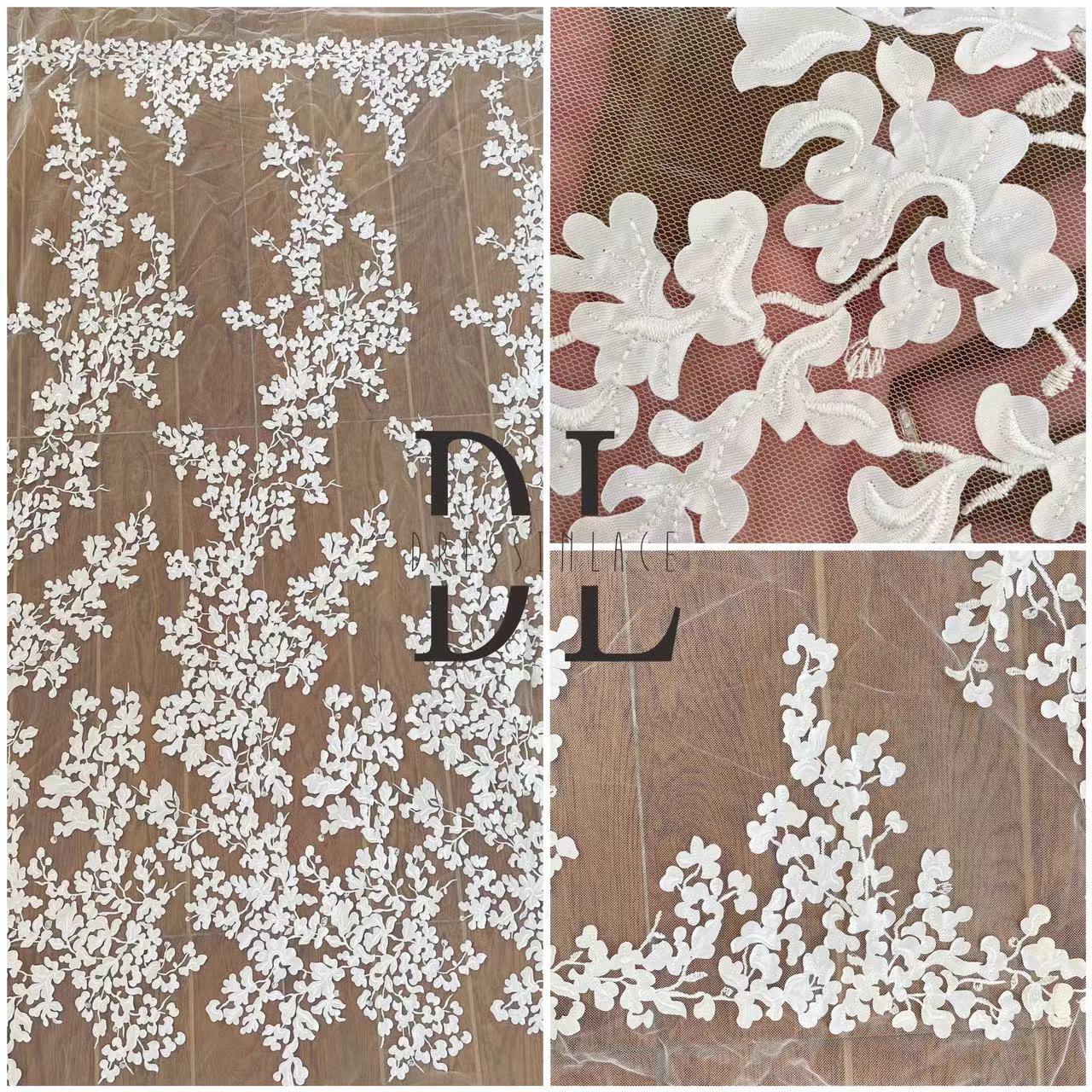 DL130117 Exquisite Lace Fabric with Laser Satin, Featuring Flowers and Leaves Pattern DL130117