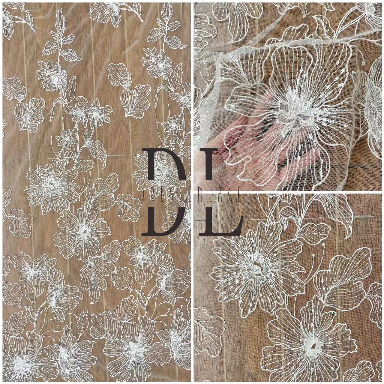 DL130115 Flower Sequins Lace Fabrics - Soft Tulle with Embroidered Flowers - Premium Quality and Affordably Priced - Ideal for Lace Fabric Enthusiasts