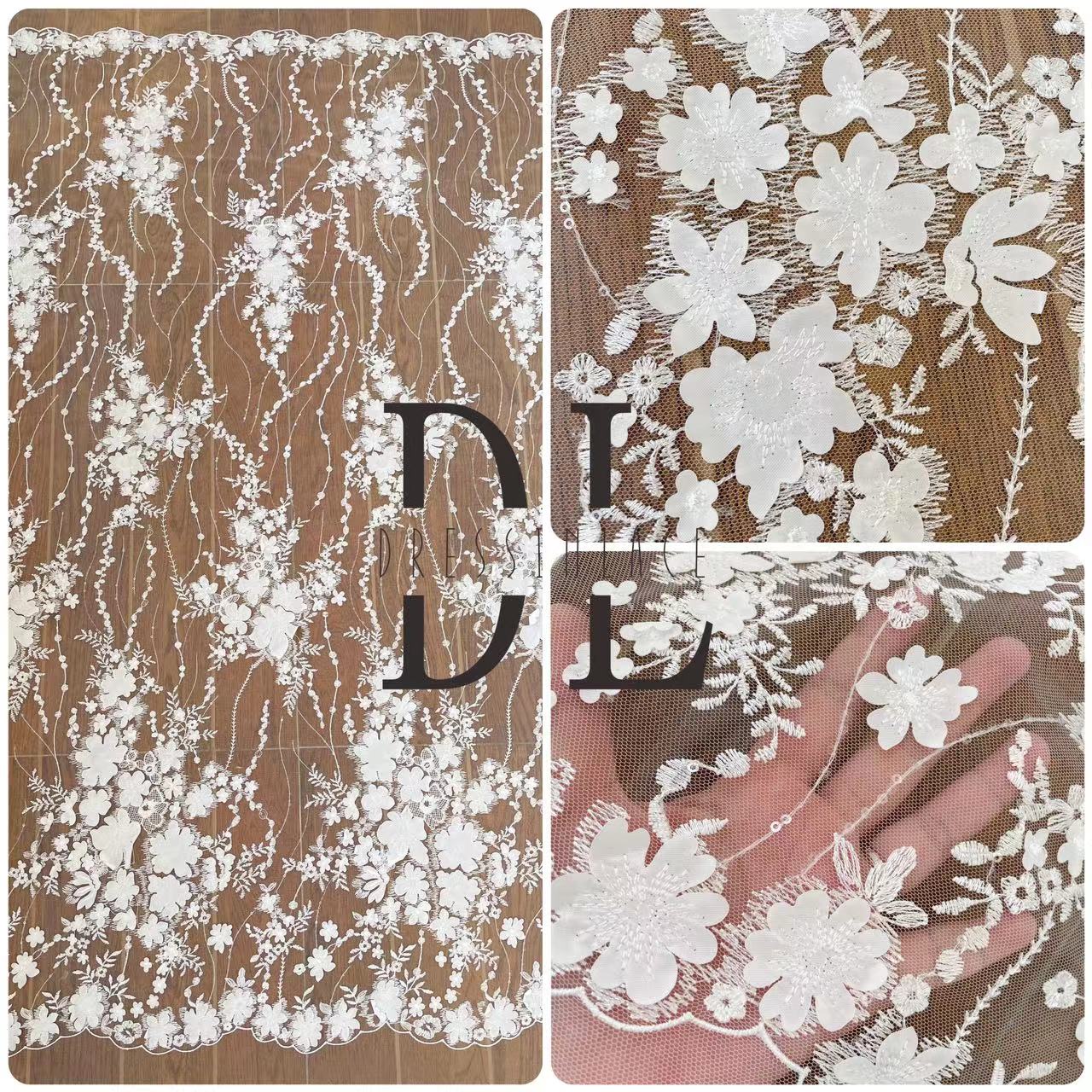 DL130078 Lovely Lace Fabric Satin with 3D Flowers - Perfect for