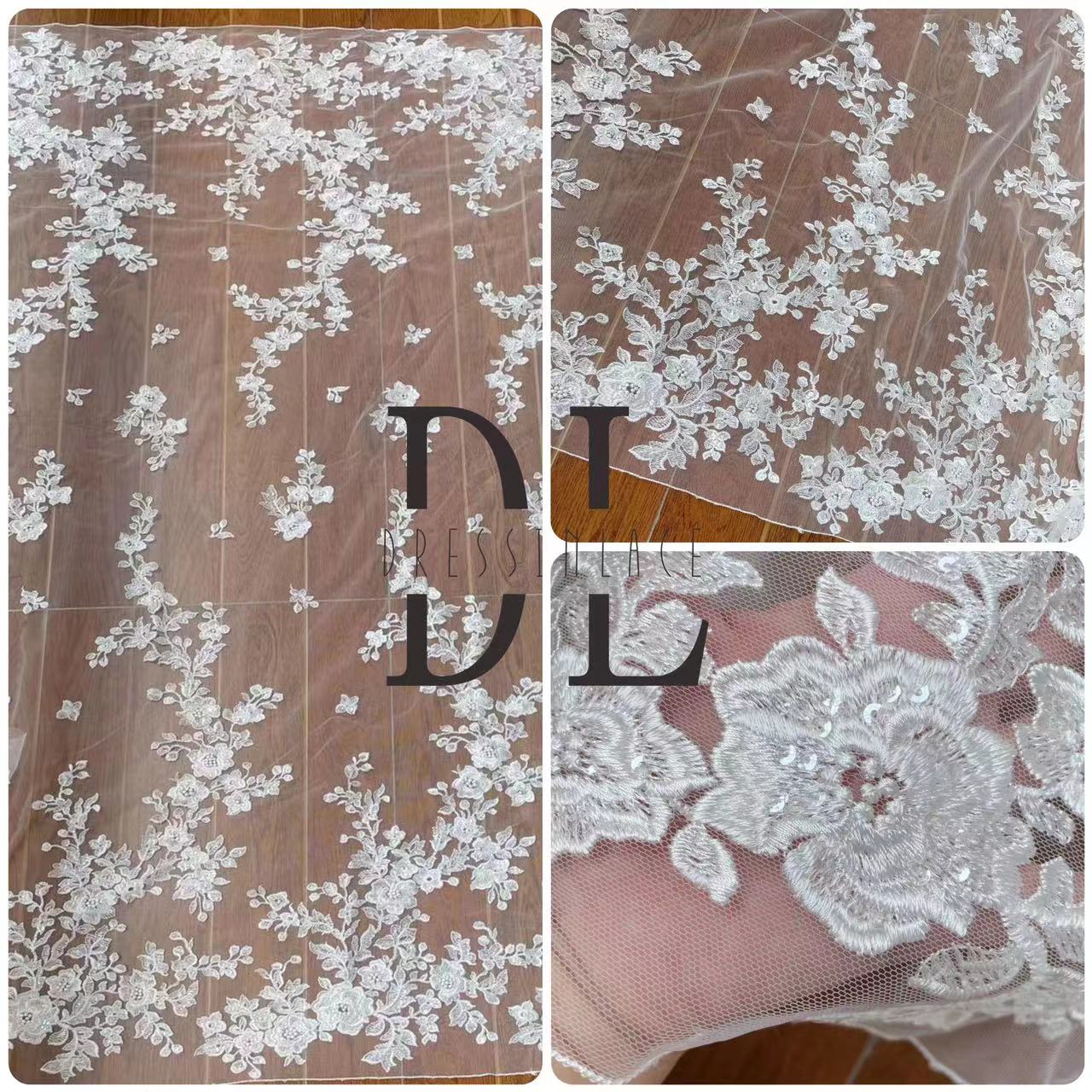 DL130098 Pizzo ricamato con paillettes Flora: morbido tulle di pizzo con motivi floreali - Tessuto di pizzo conveniente