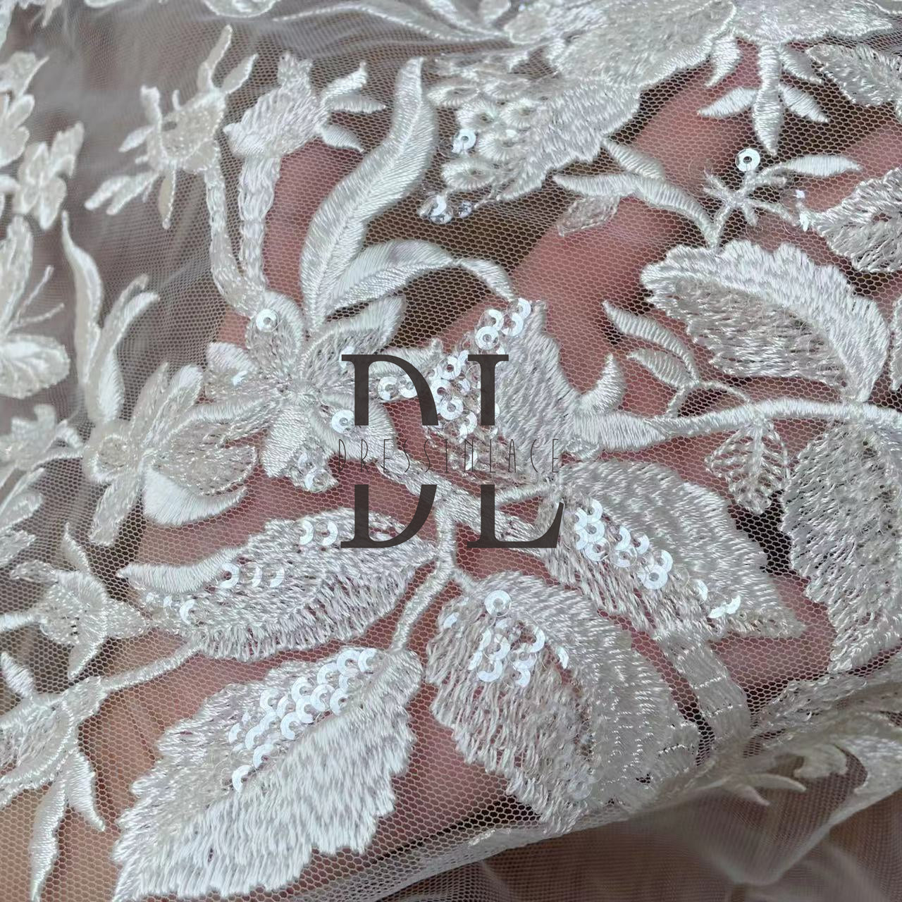 DL130097 Butterfly Embroidery Lace Fabric for Wedding Dresses – Shimmering and Transparent Sequins with Soft, Skin-Friendly Texture DL130097