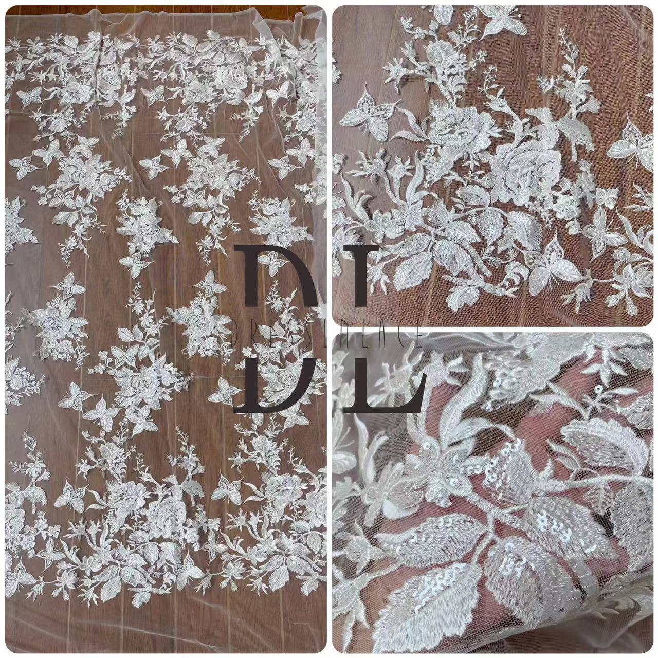 DL130097 Butterfly Embroidery Lace Fabric for Wedding Dresses – Shimmering and Transparent Sequins with Soft, Skin-Friendly Texture DL130097