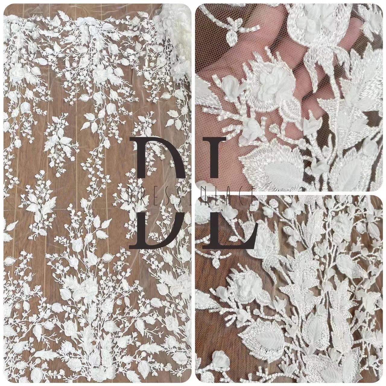 DL130120 Soft Lovely Lace Fabric Chiffon with 3D Flowers - Perfect for Adding Delicate Elegance DL130120