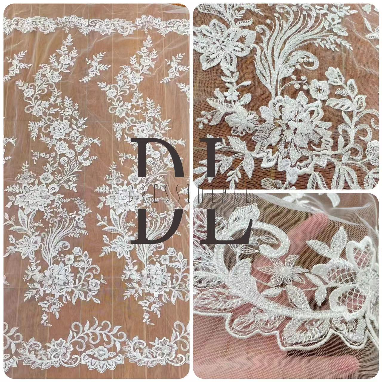DL130001 Professional Embroidery Lace Fabric for Wedding Dresses – Shimmering and Transparent with Soft, Skin-Friendly Texture DL130001
