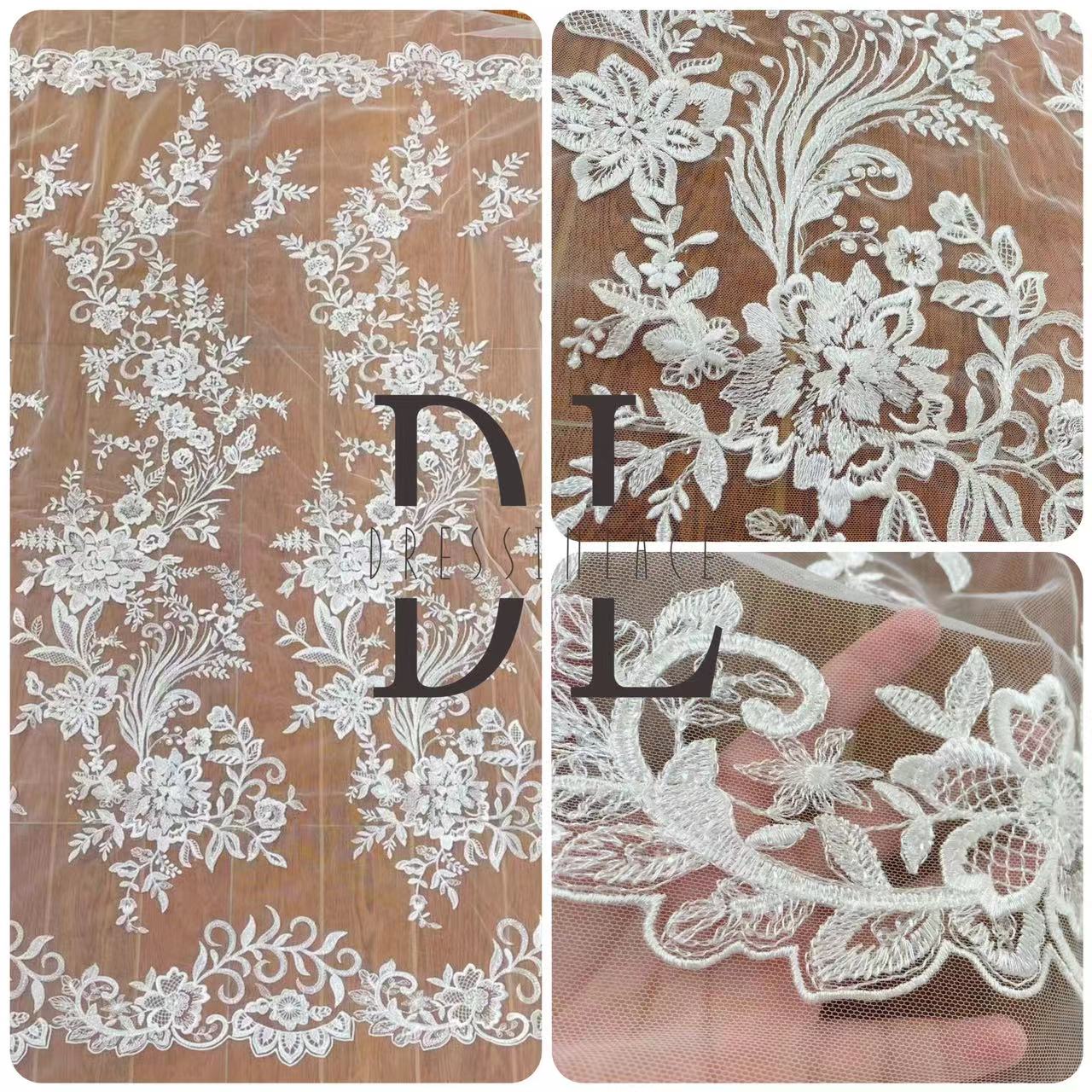 DL130001 Professional Embroidery Lace Fabric for Wedding Dresses – Shimmering and Transparent with Soft, Skin-Friendly Texture