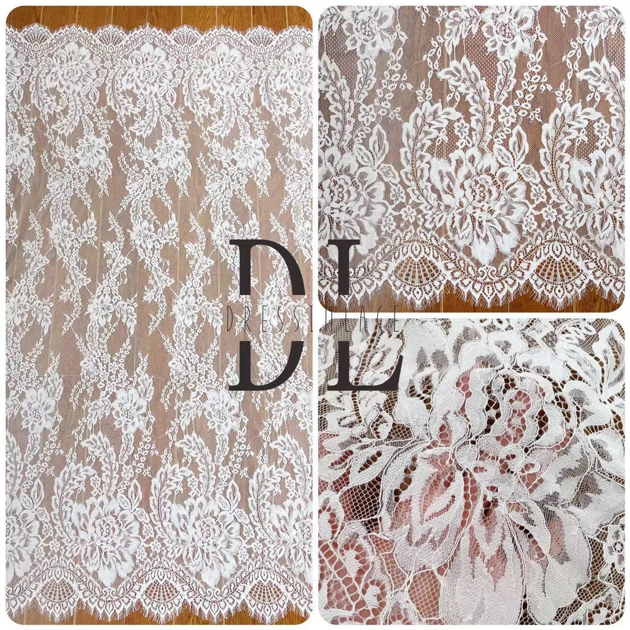 DL15090 Elegante tessuto in pizzo per abito da sposa con delicato motivo floreale - Materiale in pizzo ciglia morbido e squisito 