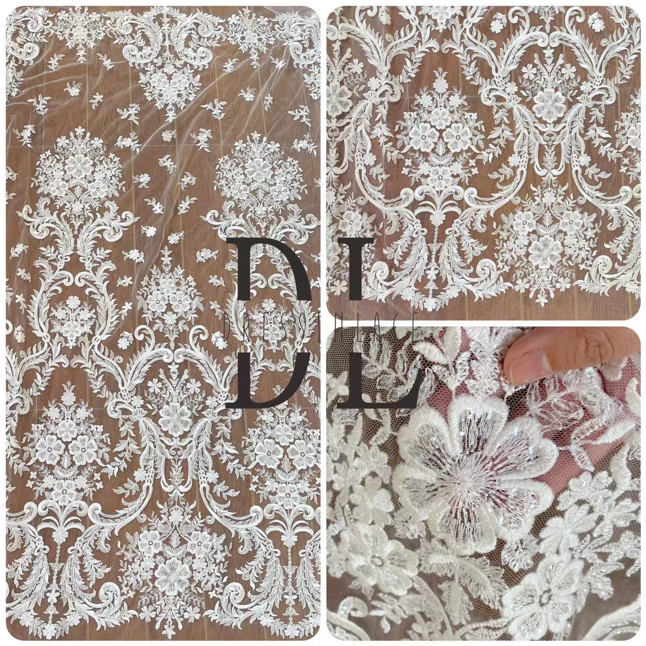 DL130005 Thick Embroidery Lace Fabric for Wedding Dress - Shimmering Transparent Mesh with Trendy Floral Elements and Fluid Lines DL130005