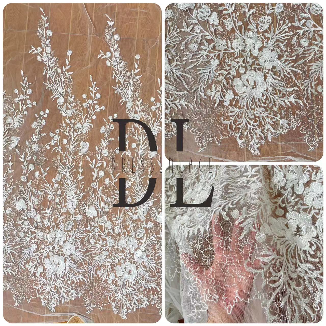 DL130002 Premium Embroidery Lace Fabric for Wedding Dresses - Exquisite Full-width Sheer with Sparkling Transparent Sequins and Trendy Floral Elements DL130002