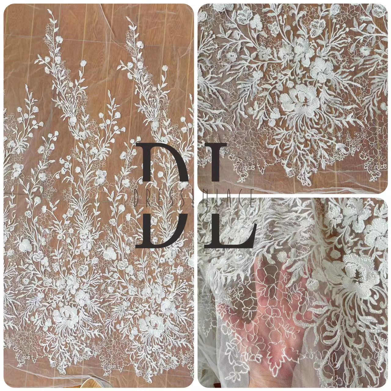 DL130002 Tejido de encaje bordado de primera calidad para vestidos de novia: exquisito tejido transparente de ancho completo con brillantes lentejuelas y modernos elementos florales DL130002 