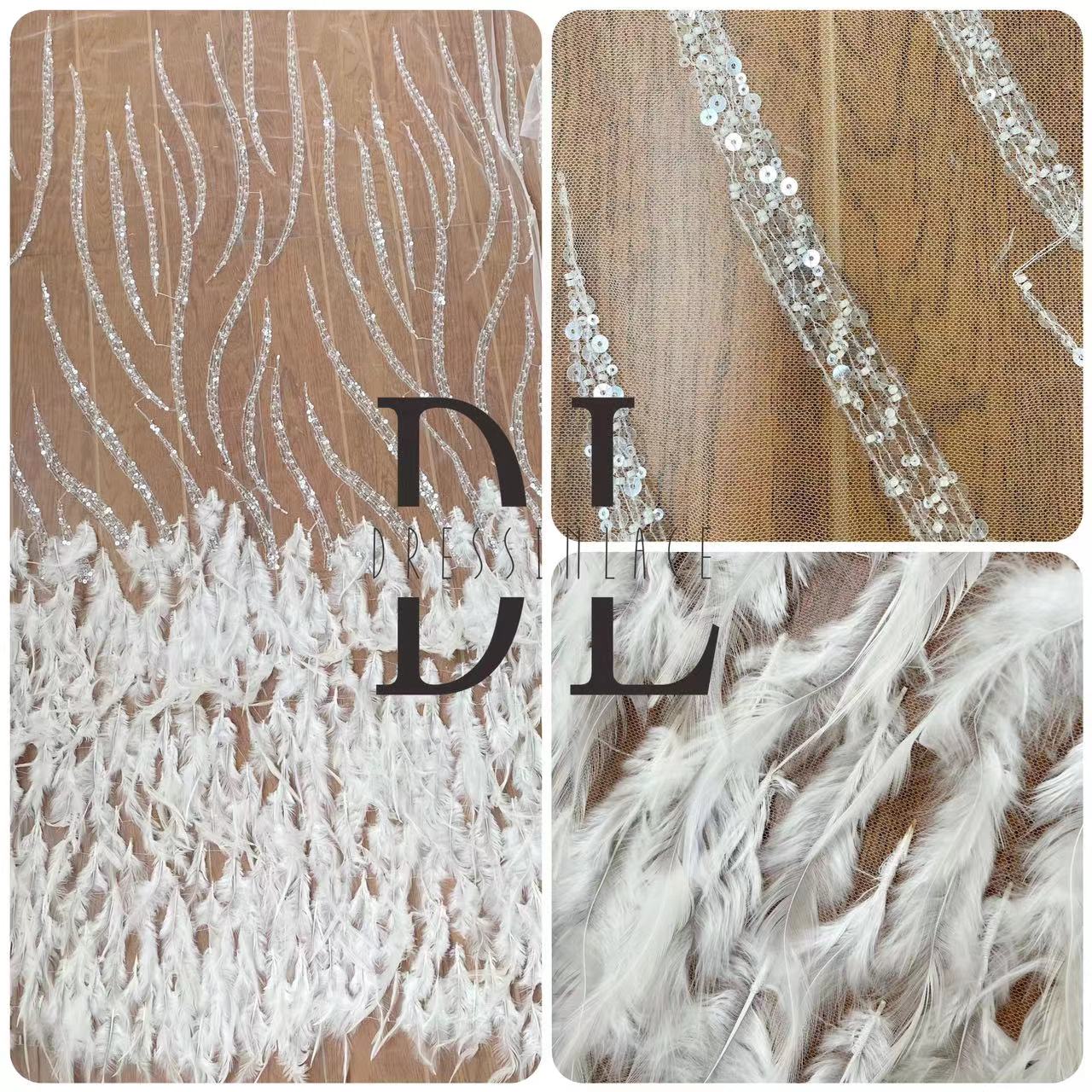 DL130031 Elegant Embroidery Lace Fabric with Shine Beads and Sequins And Soft Feather Stunning Wedding Dress Design DL130031