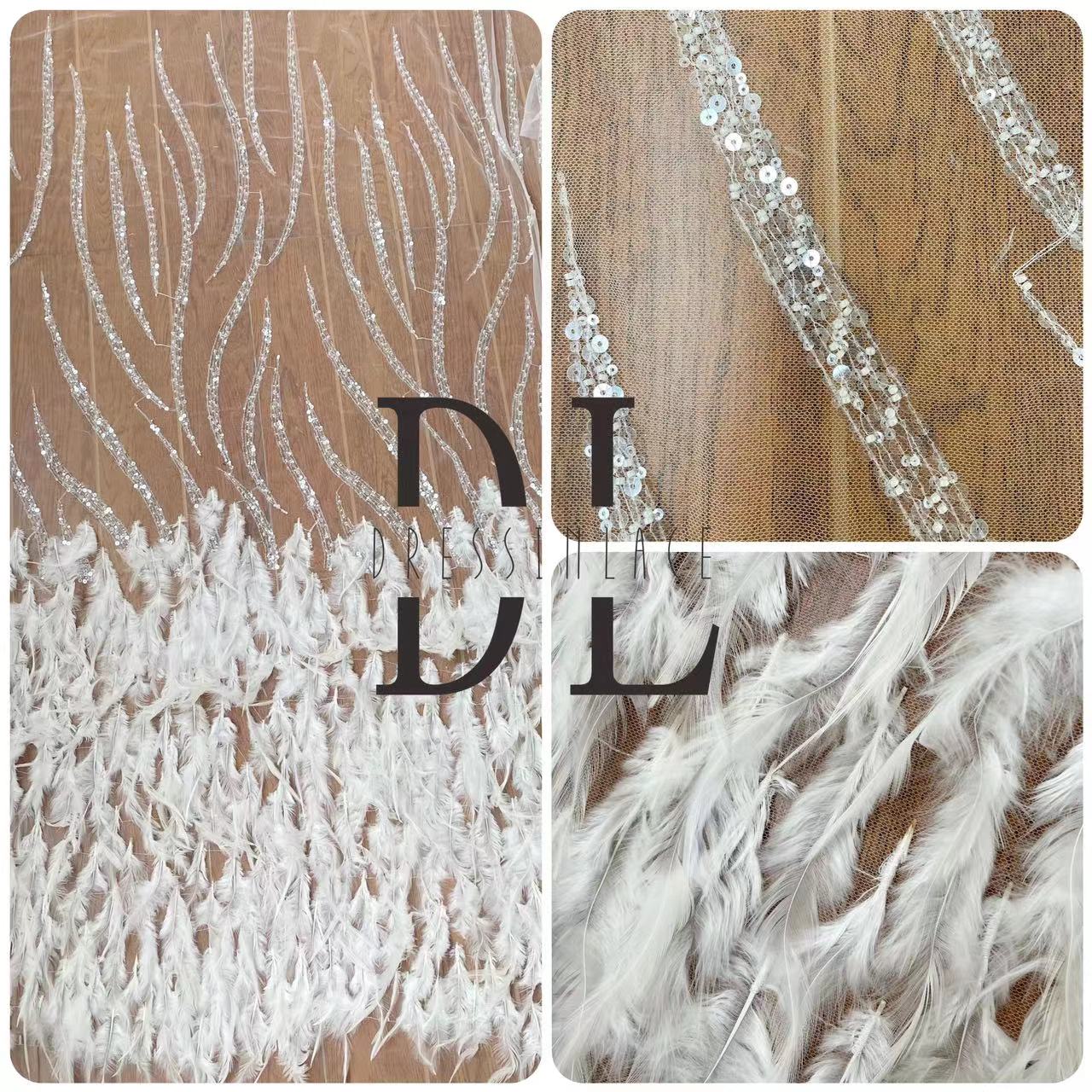 DL130031 Elegant Embroidery Lace Fabric with Shine Beads and Sequins And Soft Feather Stunning Wedding Dress Design