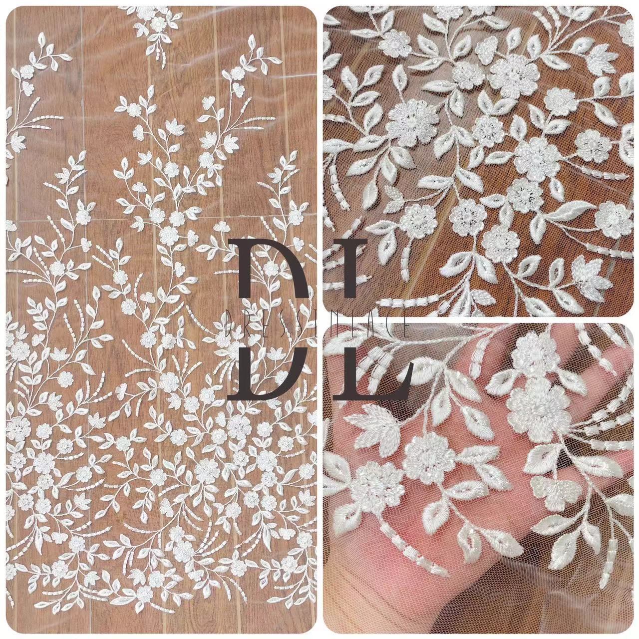 DL130044 Elegant Embroidery Lace Fabric with Simple Floral Design and Sparkling Sequins DL130044