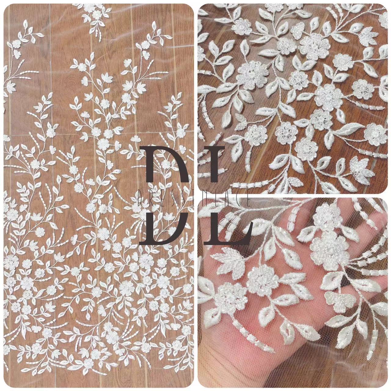 DL130044 Elegant Embroidery Lace Fabric with Simple Floral Design and Sparkling Sequins