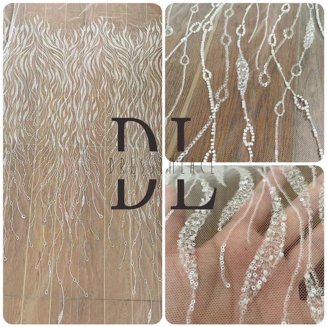 DL130079 Exquisite Embroidery Lace Fabric with Sparkling Beads - Perfect for Wedding Gowns