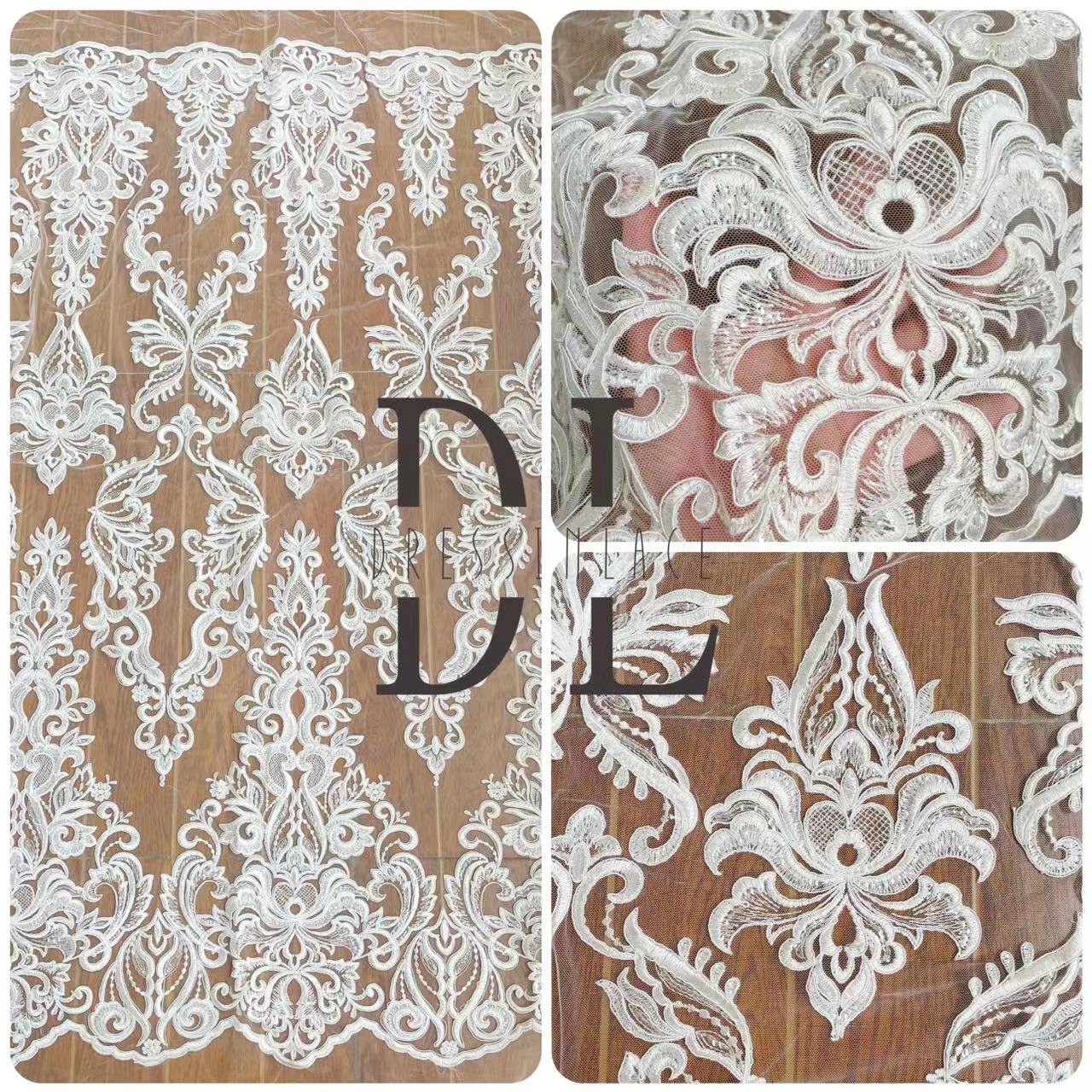 DL130080 Elegant Embroidery Lace Fabric with Shimmering Sequins and Butterfly Silk Ribbon Shape