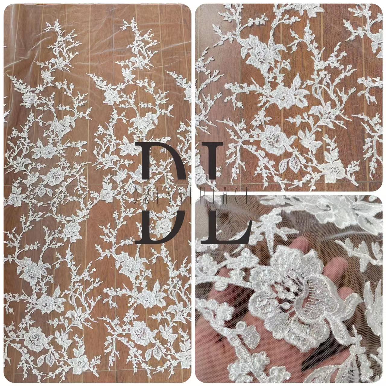 DL130081 Tessuto in pizzo con ricamo di fiori scintillanti - Perfetto per abiti da sposa e altro ancora 