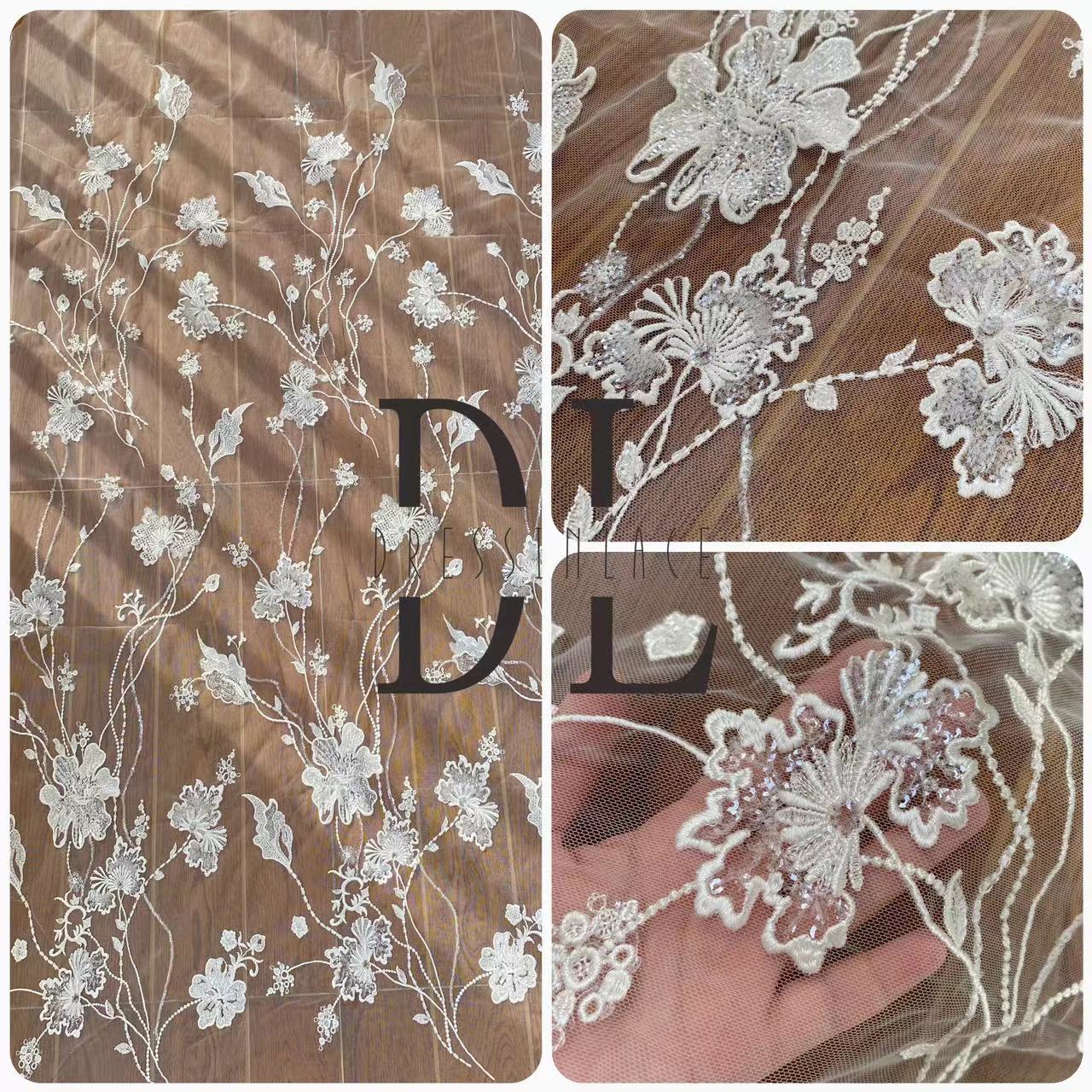 DL130126 Bellissimo tessuto in pizzo ricamato con paillettes scintillanti - Perfetto per abiti da sposa e progetti artigianali 