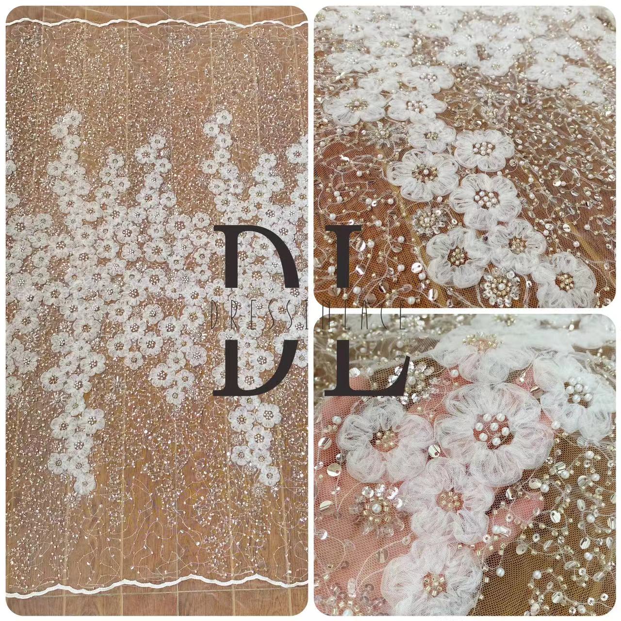 DL130125 Tessuto di pizzo ricamato di alta qualità con paillettes e perline scintillanti - Design floreale 3D per abiti da sposa DL130125 