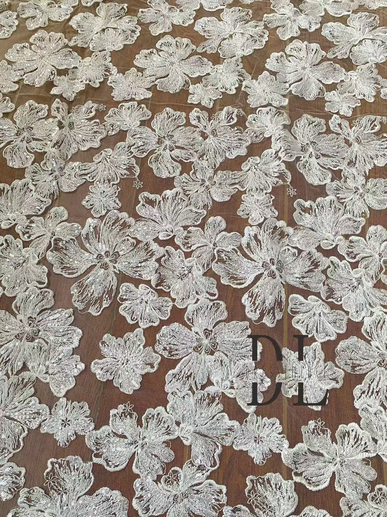 DL130210  new floras lace fabric design with sequins for bridal gown, wedding dress, width 130cm